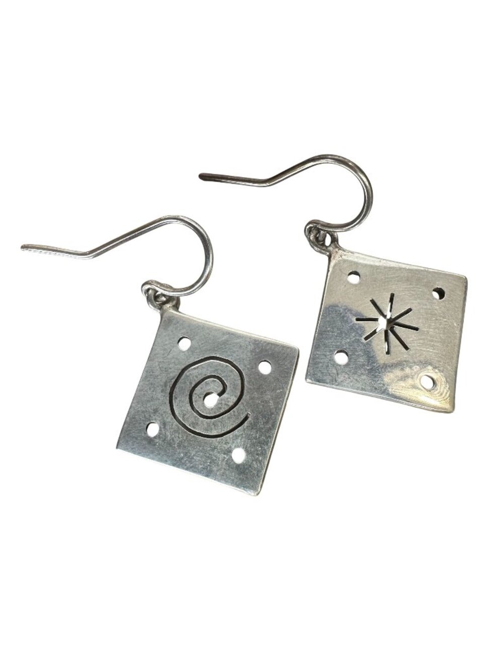 Silver Diamond-Shaped Earrings With Spiral & Starburst Cutout Unmarked Silver